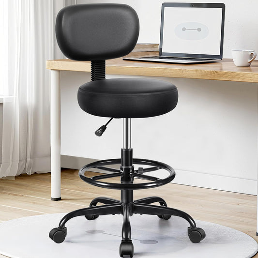 Chaise de bureau à dossier – Tabouret roulant avec repose-pieds réglable, tabouret pivotant en cuir PU pour bureau, spa, studio, laboratoire, comptoir, salon, maison, bar, cuisine, magasin (noir), lot de 5