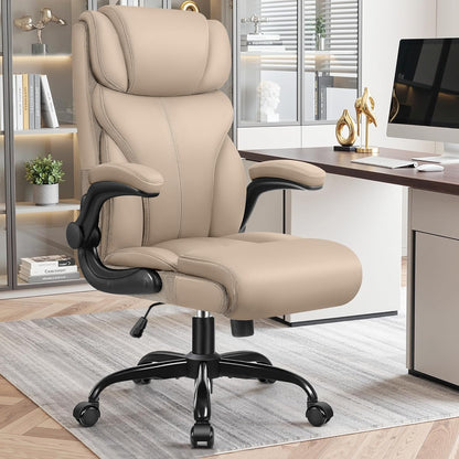 Primy Office Chair, Ergonomic Leather Desk Chair with Flip-up Armrests, Big and Tall High Back Executive Computer & Gaming Chair with Footrest, Comfy Padded, Rocking Function and Lumbar Support