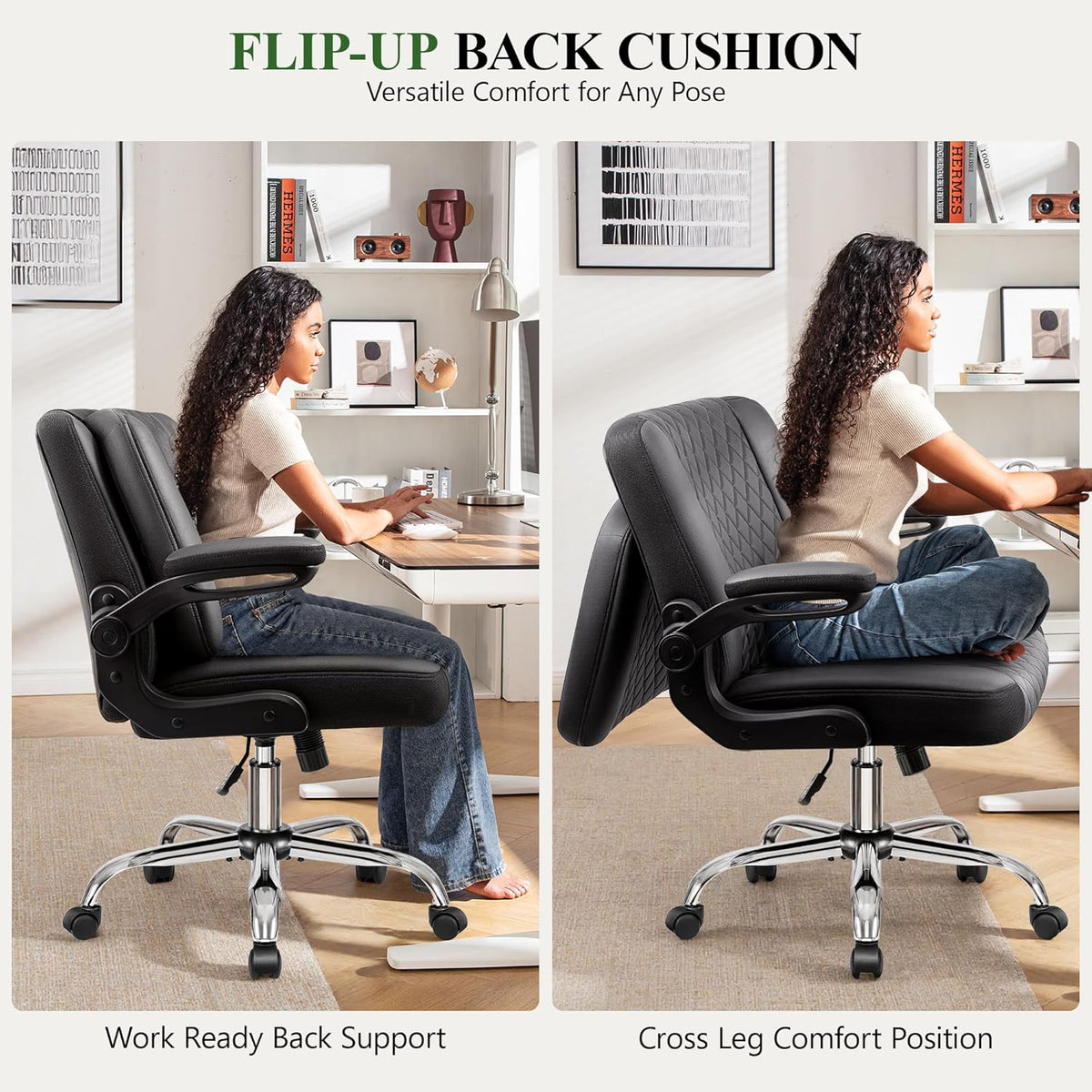Chaise de bureau croisée avec dossier rabattable 2-en-1 – Chaise de sol ergonomique en cuir PU, hauteur réglable, pivotante à 360° et accoudoirs relevables, assise extra large pour bureau à domicile, coiffeuse, salon de manucure