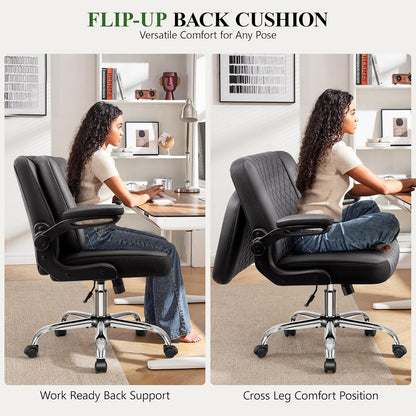 Chaise de bureau croisée avec dossier rabattable 2-en-1 – Chaise de sol ergonomique en cuir PU, hauteur réglable, pivotante à 360° et accoudoirs relevables, assise extra large pour bureau à domicile, coiffeuse, salon de manucure