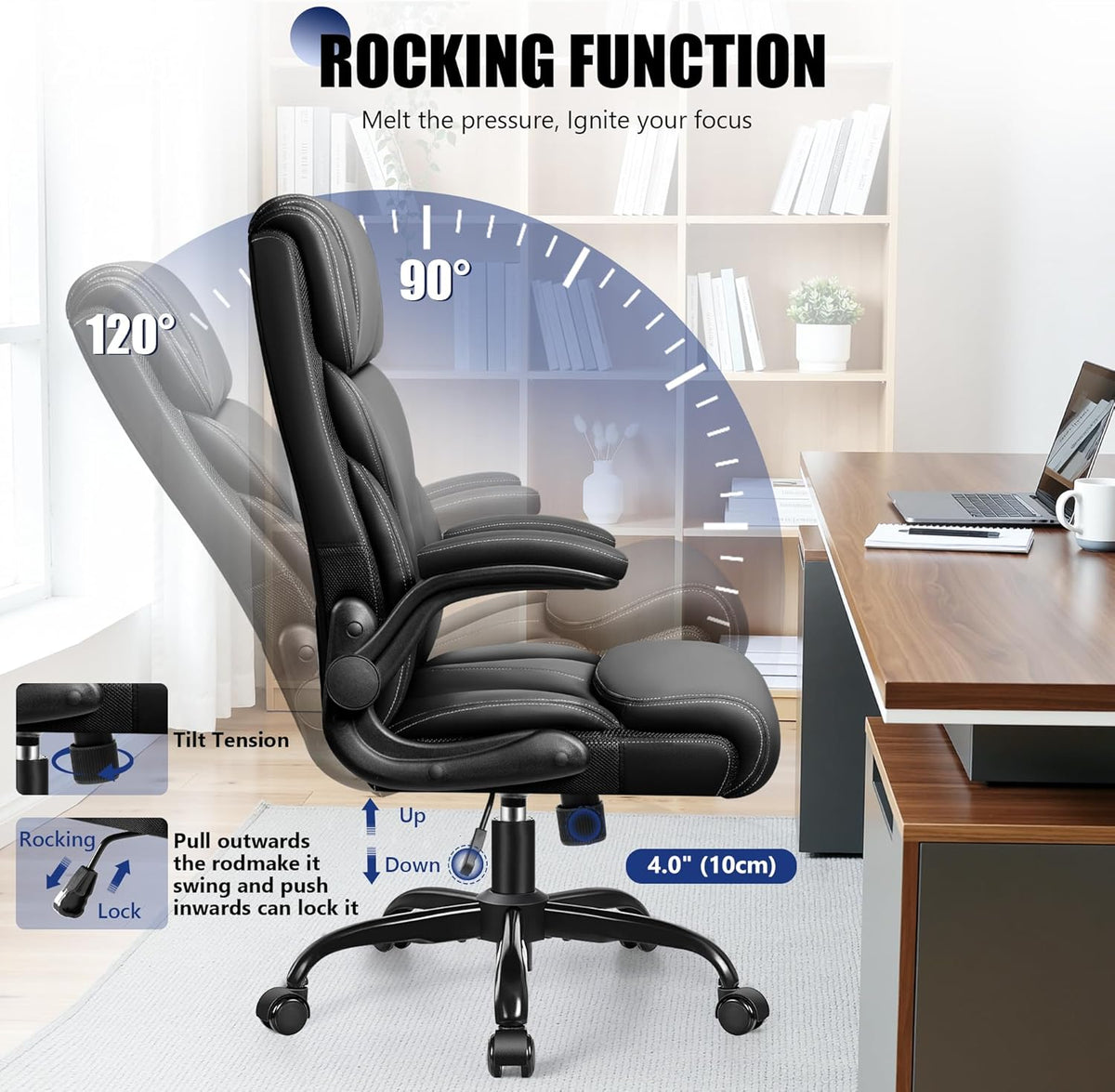 Primy Office Chair, Ergonomic Leather Desk Chair with Flip-up Armrests, Big and Tall High Back Executive Computer & Gaming Chair with Footrest, Comfy Padded, Rocking Function and Lumbar Support