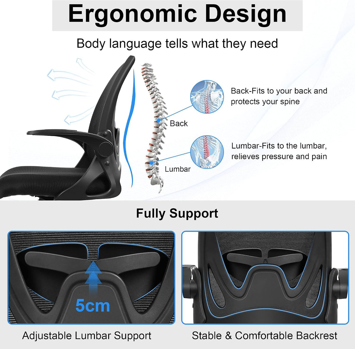 Primy Fauteuil de Bureau Ergonomique avec Soutien Lombaire et Hauteur Réglables