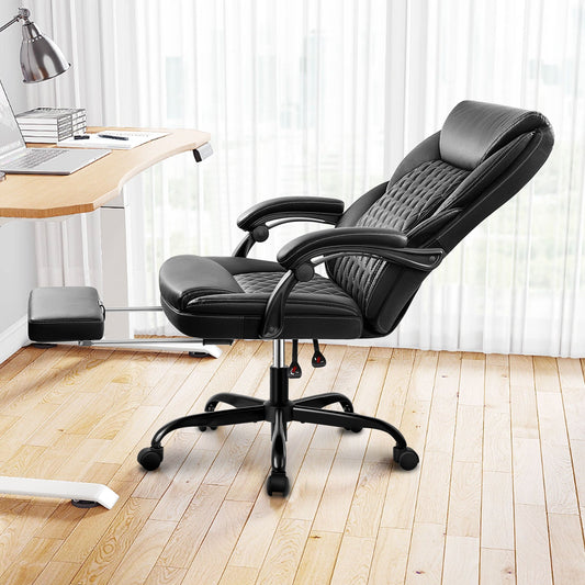 Chaise de bureau avec repose-pieds rétractable, Fauteuil de bureau ergonomique à dossier haut, en cuir PU, inclinable, grande taille, pour le travail à domicile ou au bureau