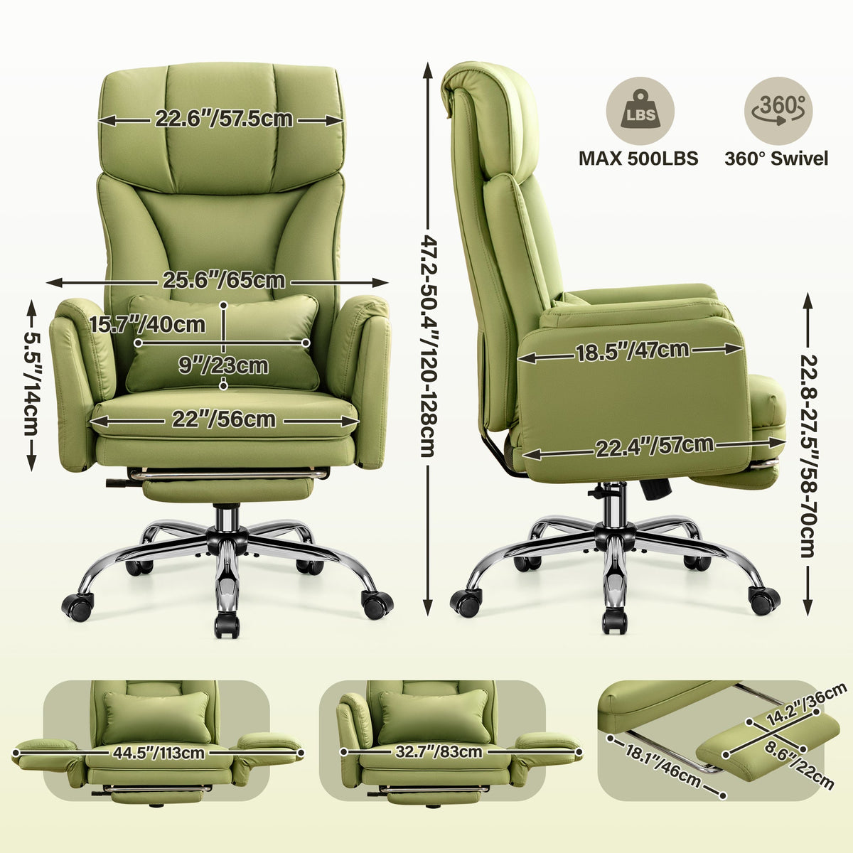 Chaise de bureau jambes croisées avec repose-pieds et accoudoirs convertibles, capacité de 227 kg, chaise de bureau à domicile, fauteuil inclinable ergonomique avec oreiller lombaire, design entrecroisé, grande chaise de direction