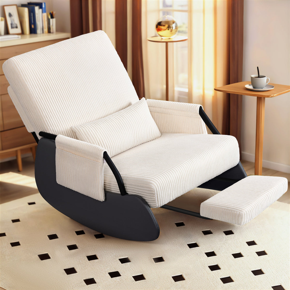 Fauteuil à bascule Primy pour chambre d'enfant, fauteuil planeur à assise basse, fauteuil à bascule rembourré inclinable avec poche latérale et repose-pieds pour la chambre de maman, le salon ou la chambre à coucher