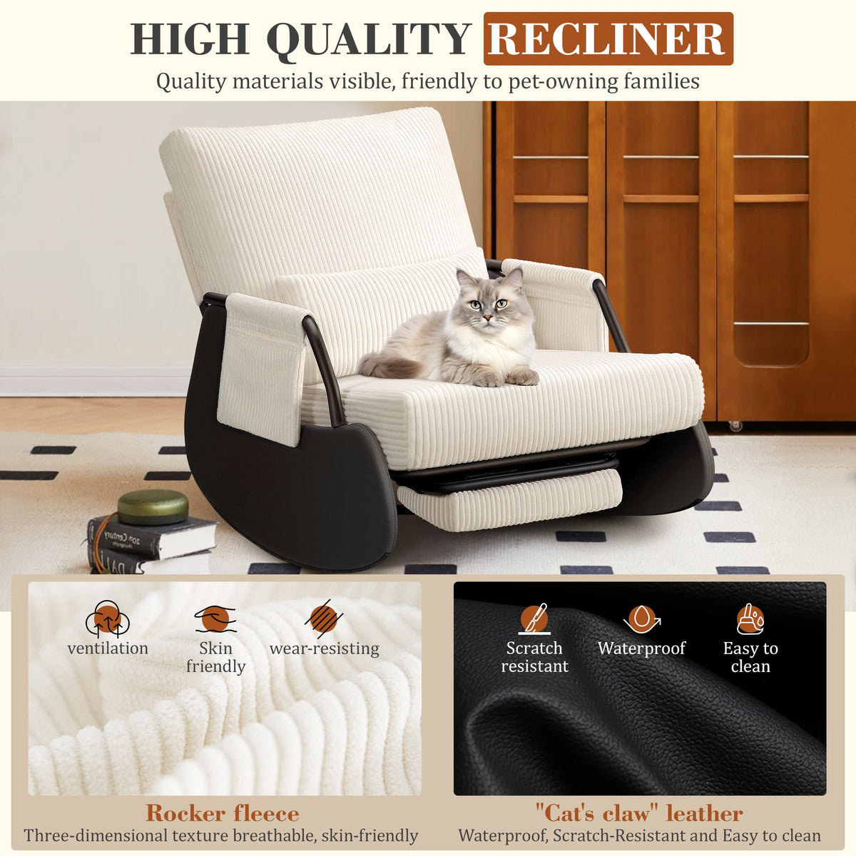 Fauteuil à bascule Primy pour chambre d'enfant, fauteuil planeur à assise basse, fauteuil à bascule rembourré inclinable avec poche latérale et repose-pieds pour la chambre de maman, le salon ou la chambre à coucher