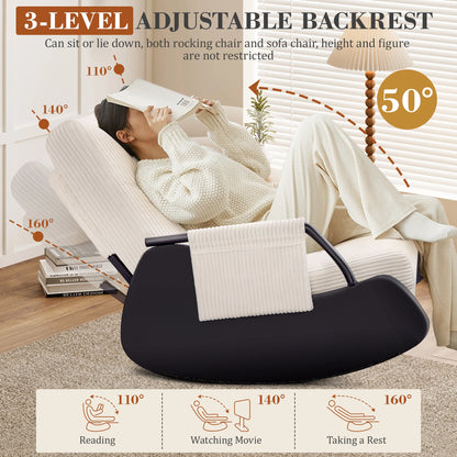 Fauteuil à bascule Primy pour chambre d'enfant, fauteuil planeur à assise basse, fauteuil à bascule rembourré inclinable avec poche latérale et repose-pieds pour la chambre de maman, le salon ou la chambre à coucher