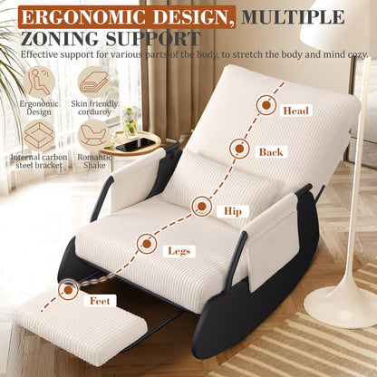 Fauteuil à bascule Primy pour chambre d'enfant, fauteuil planeur à assise basse, fauteuil à bascule rembourré inclinable avec poche latérale et repose-pieds pour la chambre de maman, le salon ou la chambre à coucher
