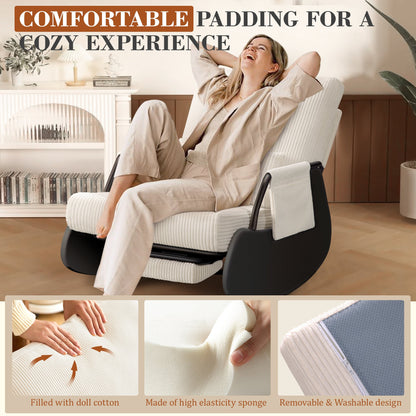 Fauteuil à bascule Primy pour chambre d'enfant, fauteuil planeur à assise basse, fauteuil à bascule rembourré inclinable avec poche latérale et repose-pieds pour la chambre de maman, le salon ou la chambre à coucher
