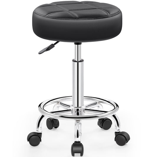 Tabouret roulant réglable Primy avec roulettes, petite chaise de bureau en cuir PU avec repose-pieds, tabouret pivotant réglable polyvalent pour salon de tatouage, de massage, spa, enseignement, médical, facial, bureau, maison, travail, cuisine