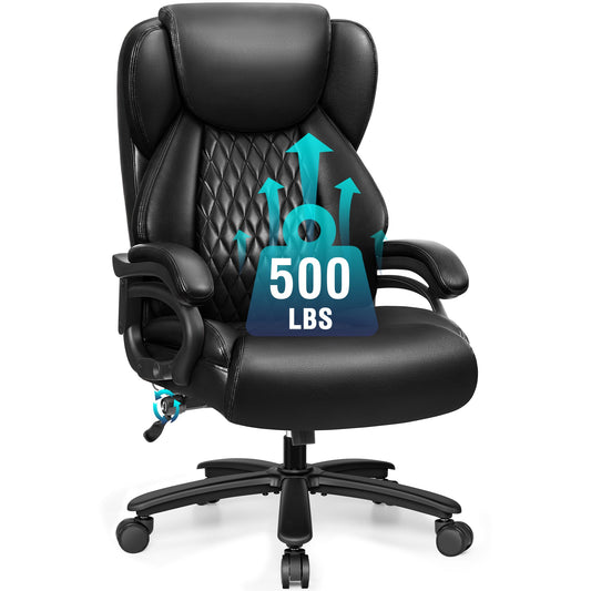 Chaise de bureau grande taille 500 lbs, chaise de bureau de direction robuste avec support lombaire réglable et siège extra large, coussin rembourré confortable, chaise d'ordinateur ergonomique en cuir PU pour la maison