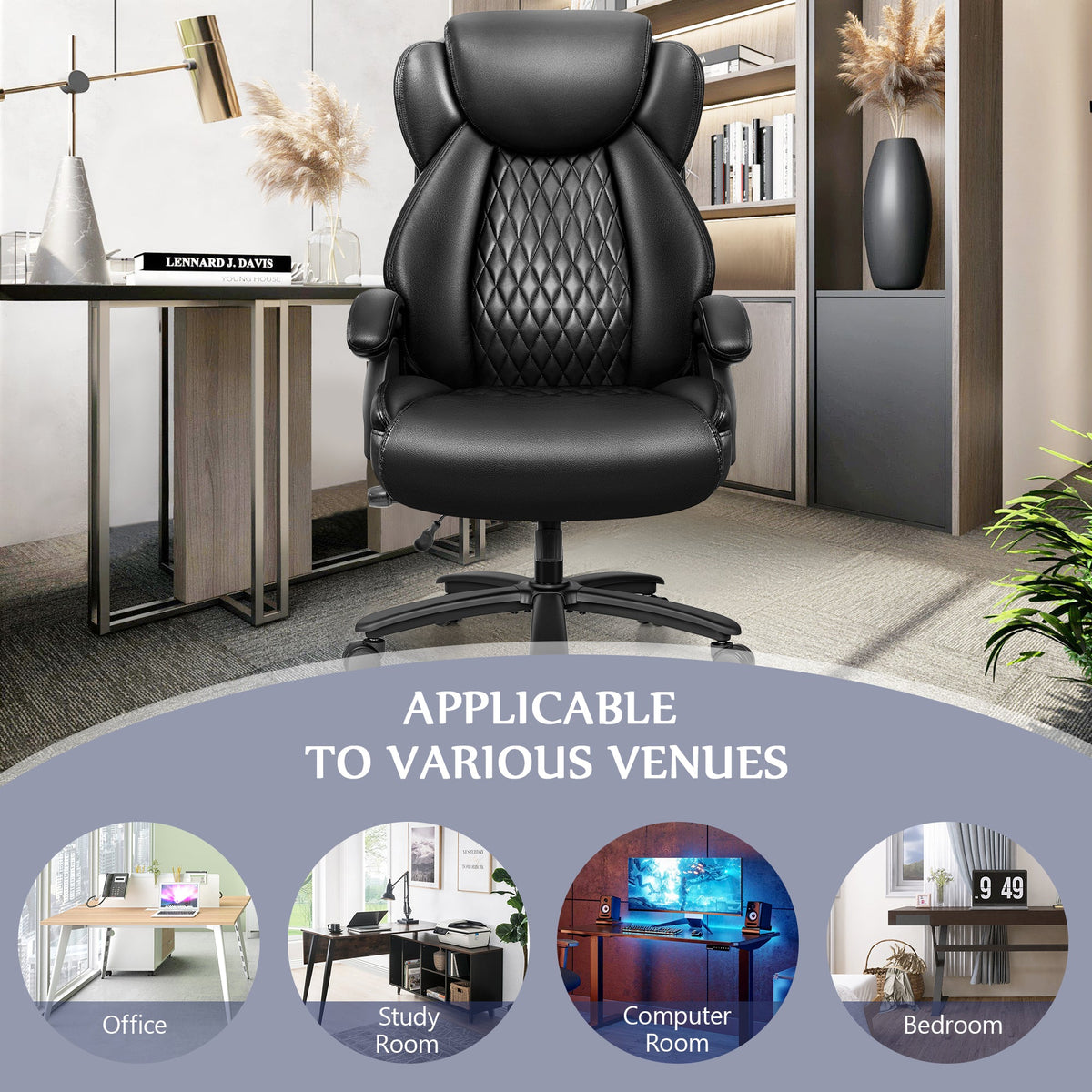 Chaise de bureau grande taille 500 lbs, chaise de bureau de direction robuste avec support lombaire réglable et siège extra large, coussin rembourré confortable, chaise d'ordinateur ergonomique en cuir PU pour la maison