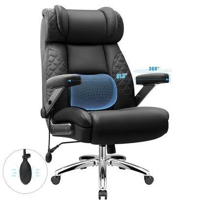 Grand et grand fauteuil de bureau de direction en cuir avec support lombaire gonflable intégré et accoudoirs réglables à 360°