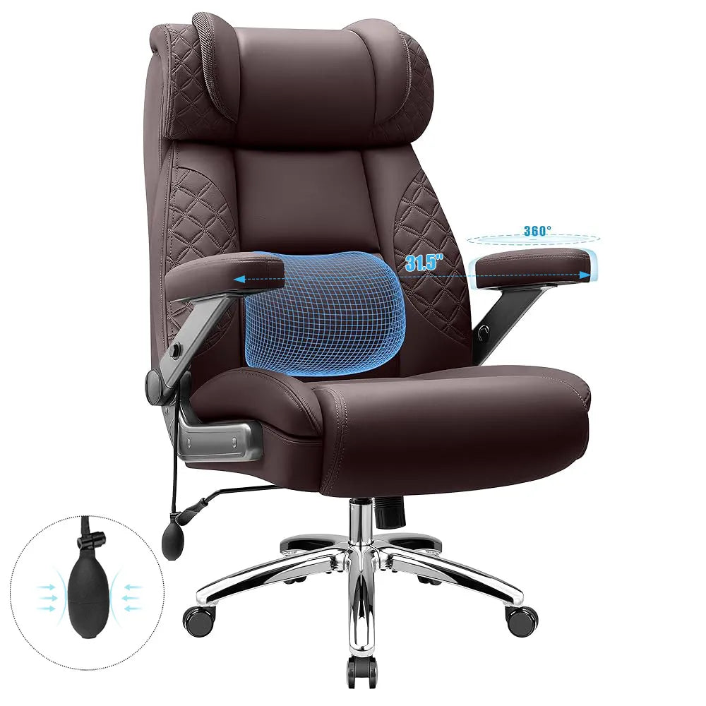 Grand et grand fauteuil de bureau de direction en cuir avec support lombaire gonflable intégré et accoudoirs réglables à 360°