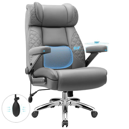 Grand et grand fauteuil de bureau de direction en cuir avec support lombaire gonflable intégré et accoudoirs réglables à 360°