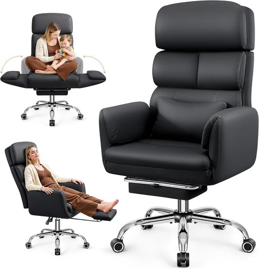 Fauteuil de bureau exécutif en cuir grande taille BestEra, 180 kg, fauteuil de bureau ergonomique large pour la maison, fauteuil pivotant inclinable en croix avec accoudoirs, dossier haut confortable et support lombaire, noir