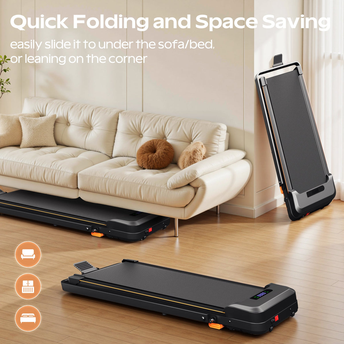 Tapis de marche Primy avec inclinaison et poignée, tapis roulant compact 4 en 1 sous le bureau pour la marche et le jogging, tapis roulant portable pliable, équipement de fitness moderne, machine de course stable