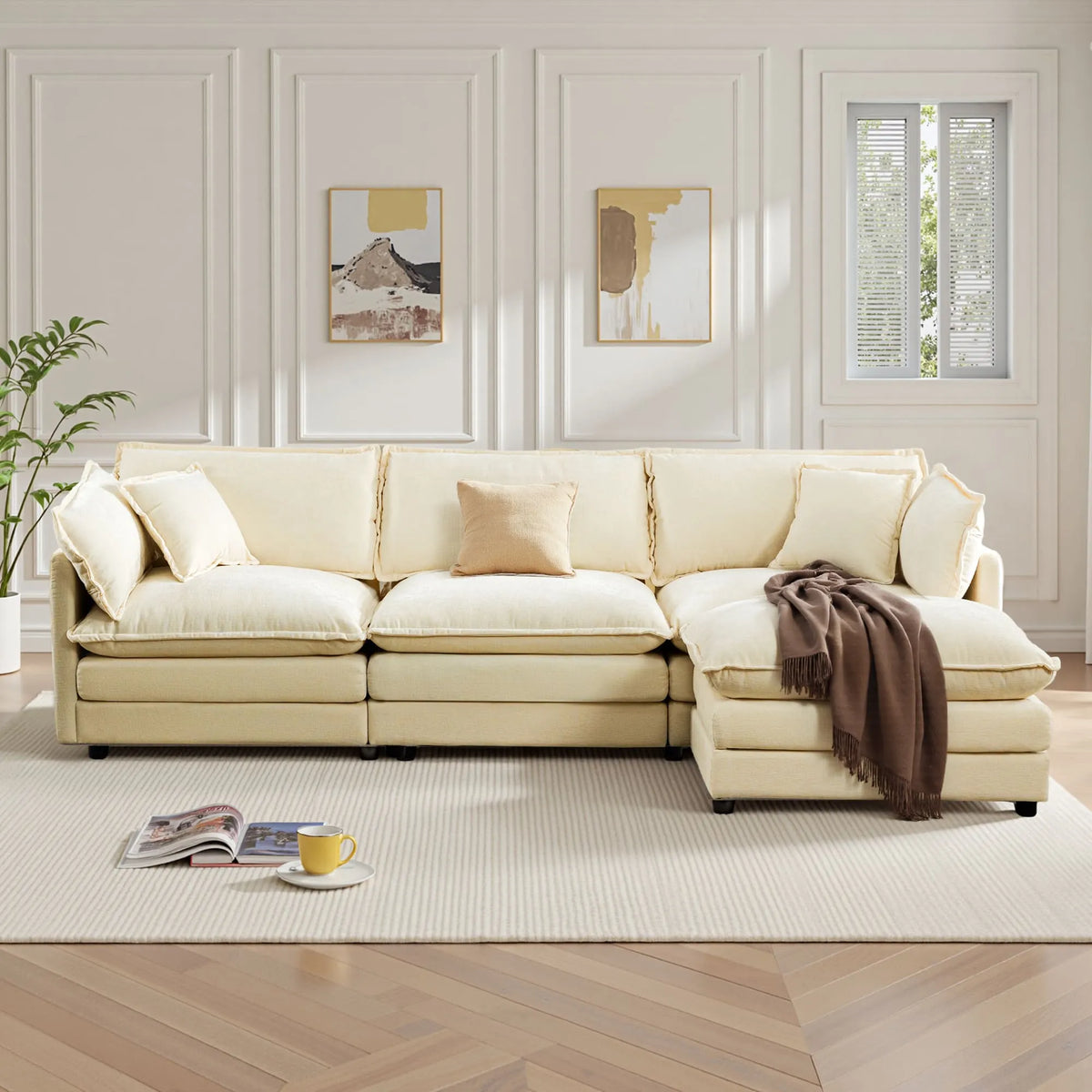 Canapé sectionnel modulaire 3 places à assise profonde avec pouf