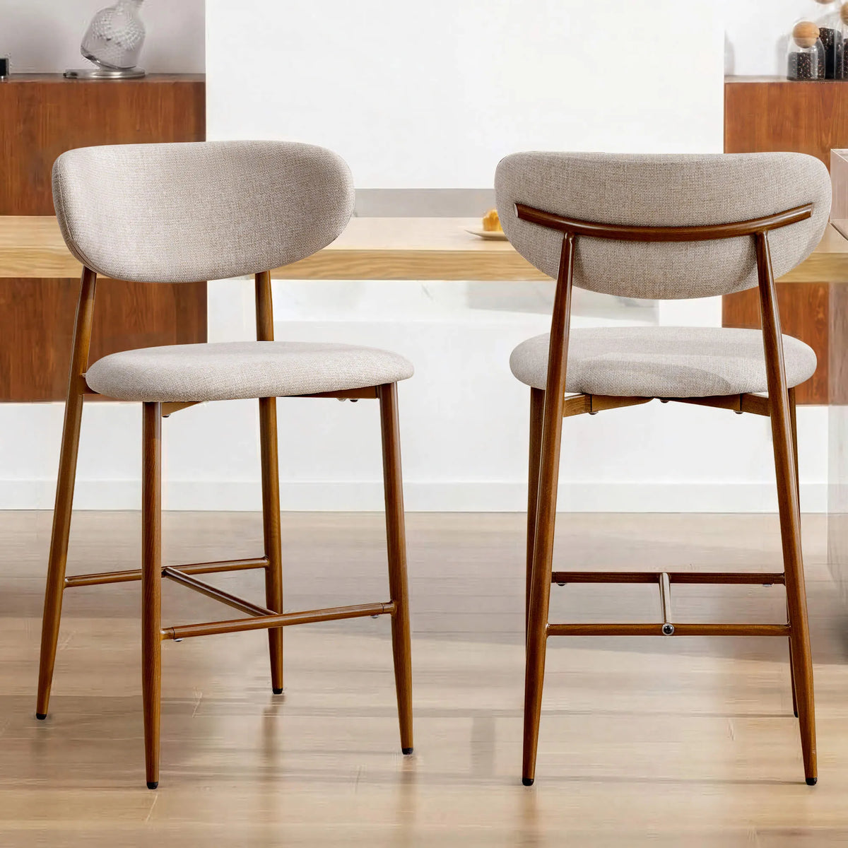 Tabourets de bar modernes rembourrés hauteur comptoir, lot de 2, avec pieds en bois massif